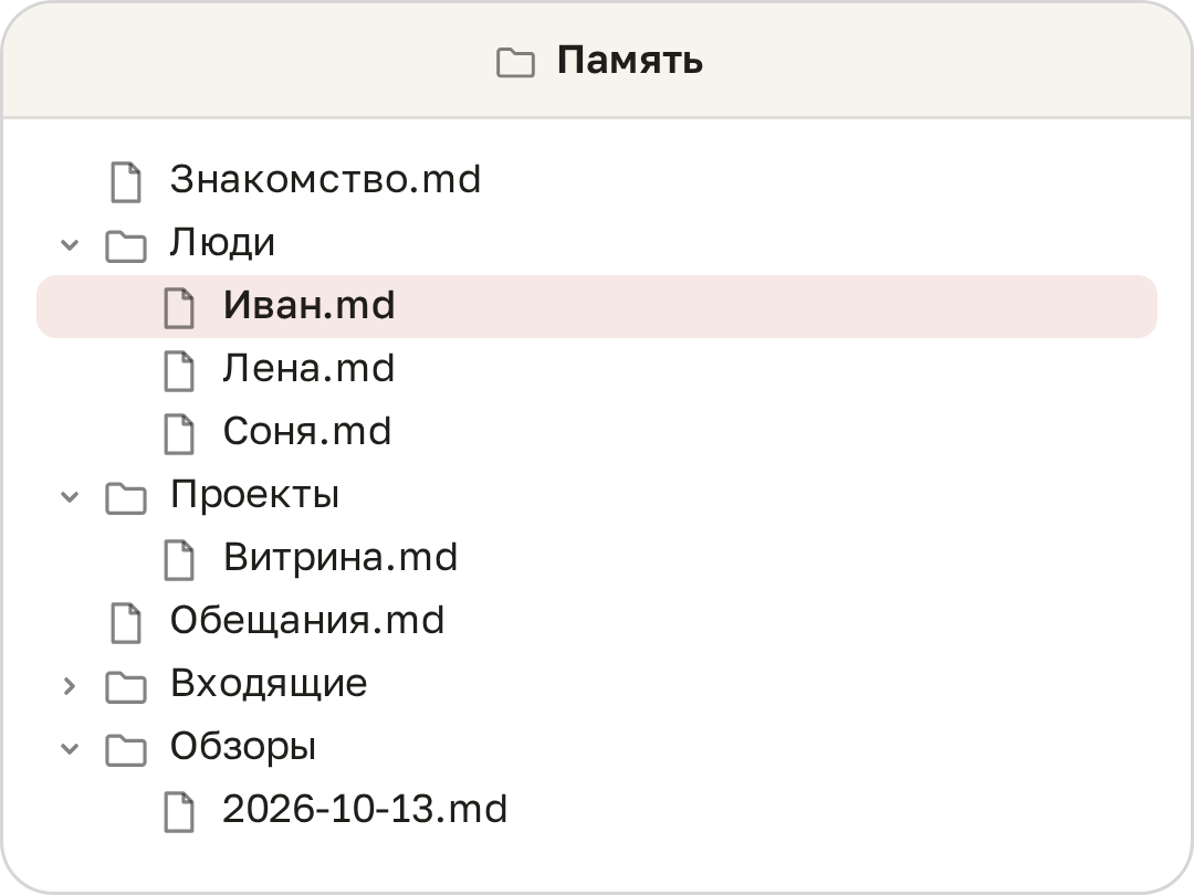 Папка «Память» на компьютере: файлы про людей, проекты, обещания